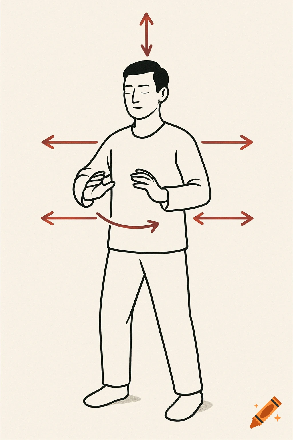 Line illustration of a figure doing standing meditation with red arrows showing movement directions.