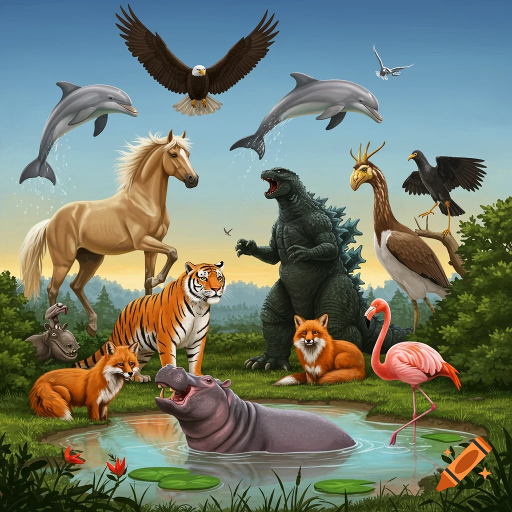 An illustration of dolphins, a horse, a tiger, a bald eagle, two foxes, a hippo, a flamingo, a bird-creature, and Godzilla in a forest clearing.