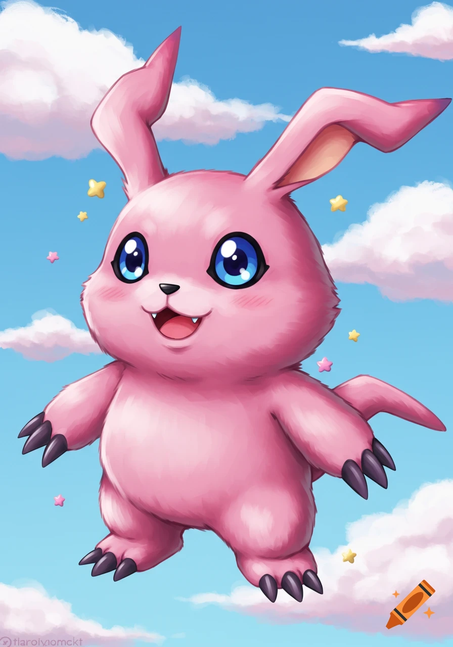 A pink cartoon character floats in a blue sky with clouds and stars.
