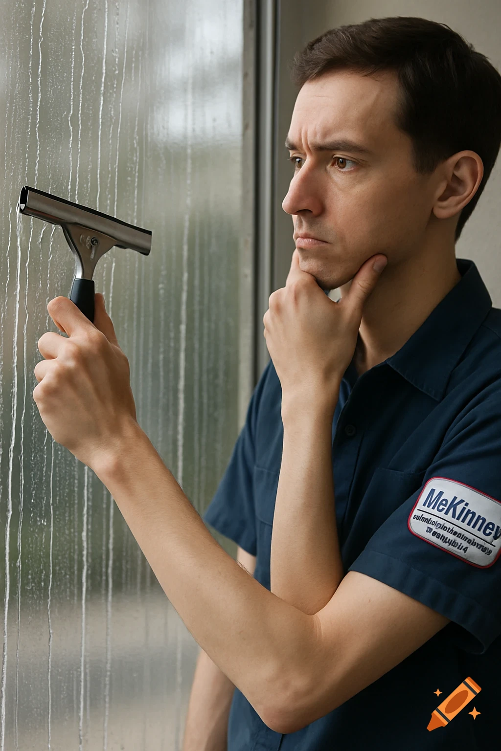 Close-up of a man in uniform holding a squeegee and looking intently at a window with water streaks.
