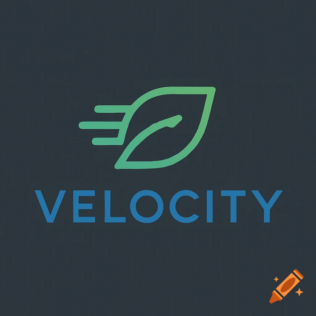 Logo featuring a stylized green leaf with speed lines above the blue word VELOCITY on a dark background.