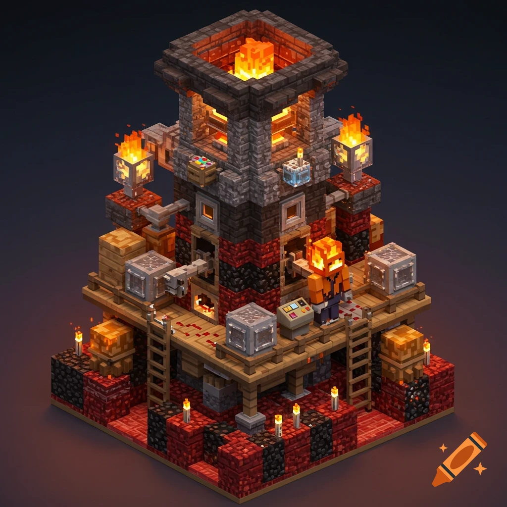 Isometric Minecraft-style base or tower with a figure wearing a pumpkin-like mask, featuring furnaces, machinery, fire, and red/black block patterns.