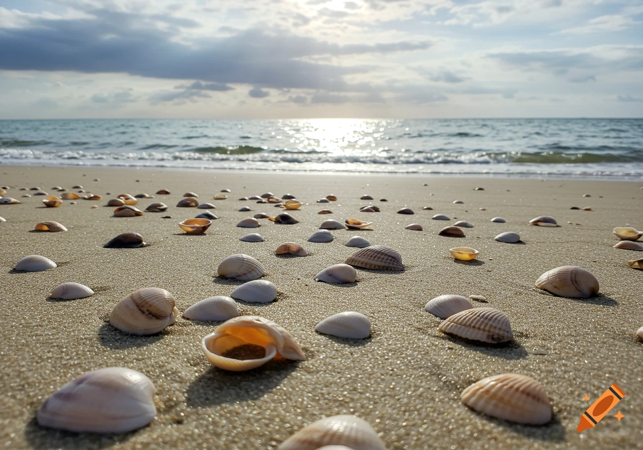 Seashells scattered on a sandy beach with ocean waves and sunlight reflecting on the water under a cloudy sky.