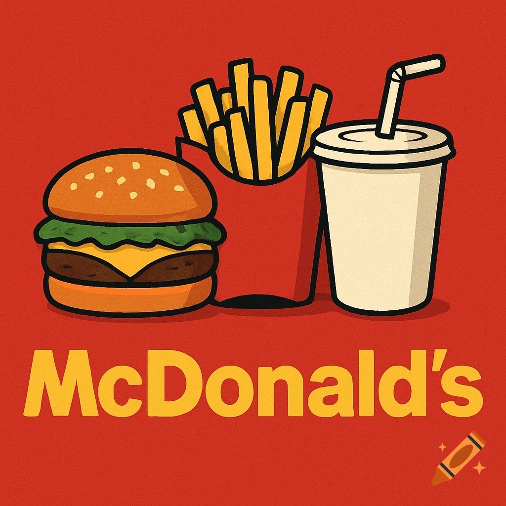 Illustration of a hamburger, french fries, and drink cup on a red background with 'McDonald's' text.
