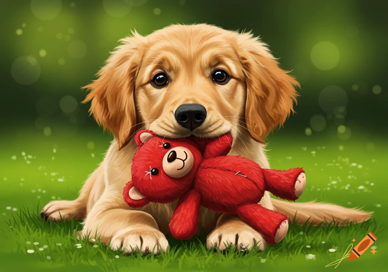 Illustrative golden retriever puppy lying in grass, holding a red teddy bear.
