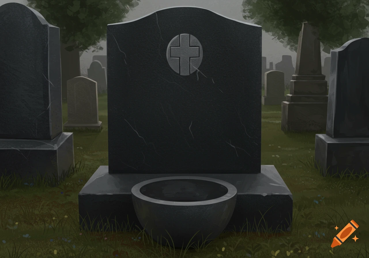 A dark grey headstone with a cross in a cemetery with an empty bowl at the base.