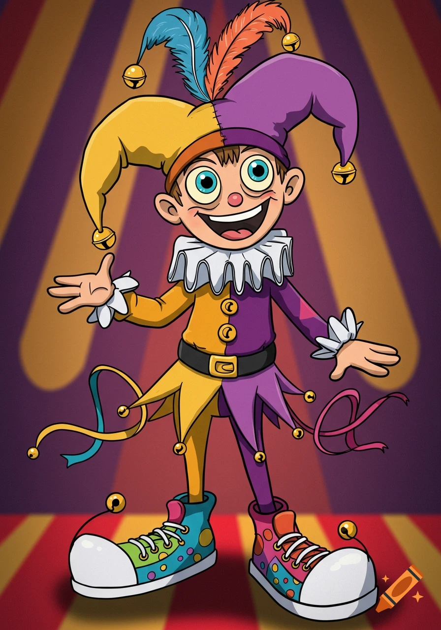 Cartoon illustration of a smiling boy dressed as a jester in a colorful costume with bells and polka dot sneakers, standing in a circus ring.