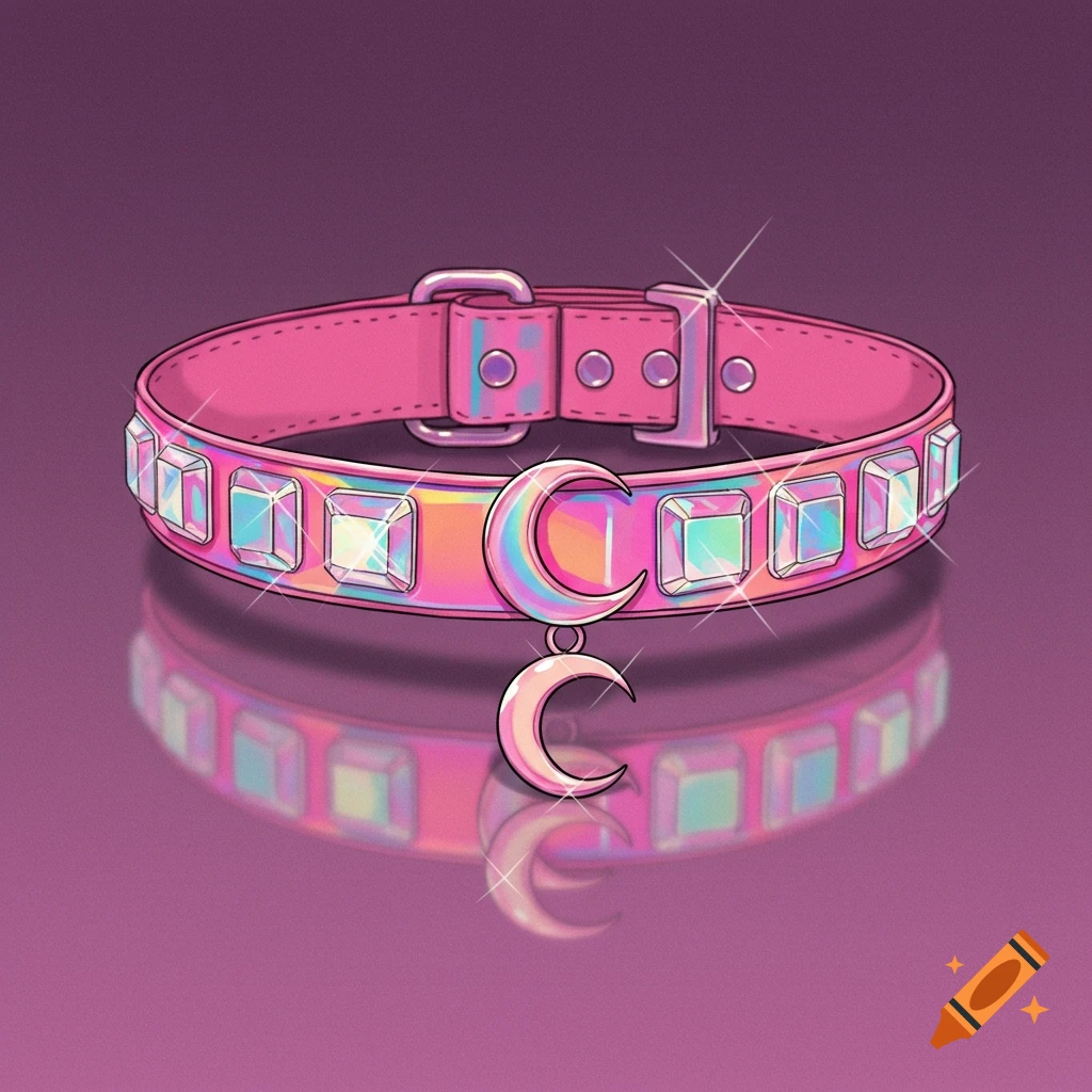 Pink holographic diamond dog collar with a crescent moon charm, reflecting on a surface, in a digital art style.