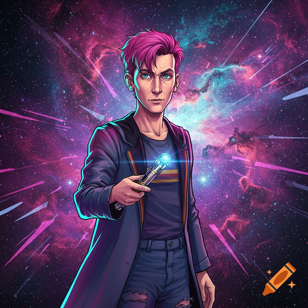 Stylized illustration of a person with pink hair and a coat, holding a glowing device against a vibrant space background.