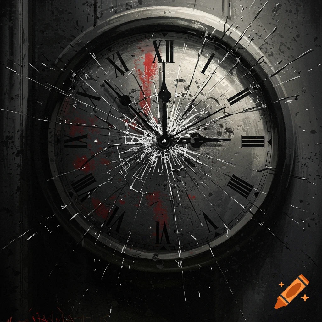 A broken clock face with shattered glass, red splatters, and Roman numerals in a dark, dramatic style.