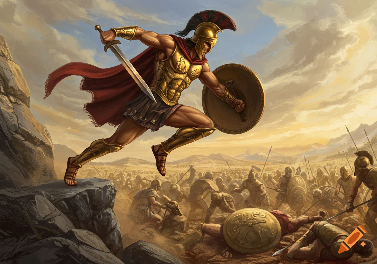 Ancient Greek warrior leaps from a rock into battle with sword and shield, digital painting