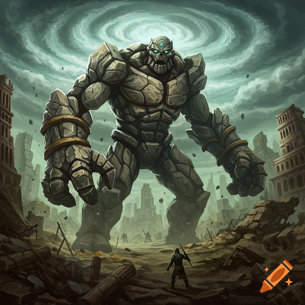 A giant stone golem monster stands in a ruined city under a swirling stormy sky, facing a small lone figure.
