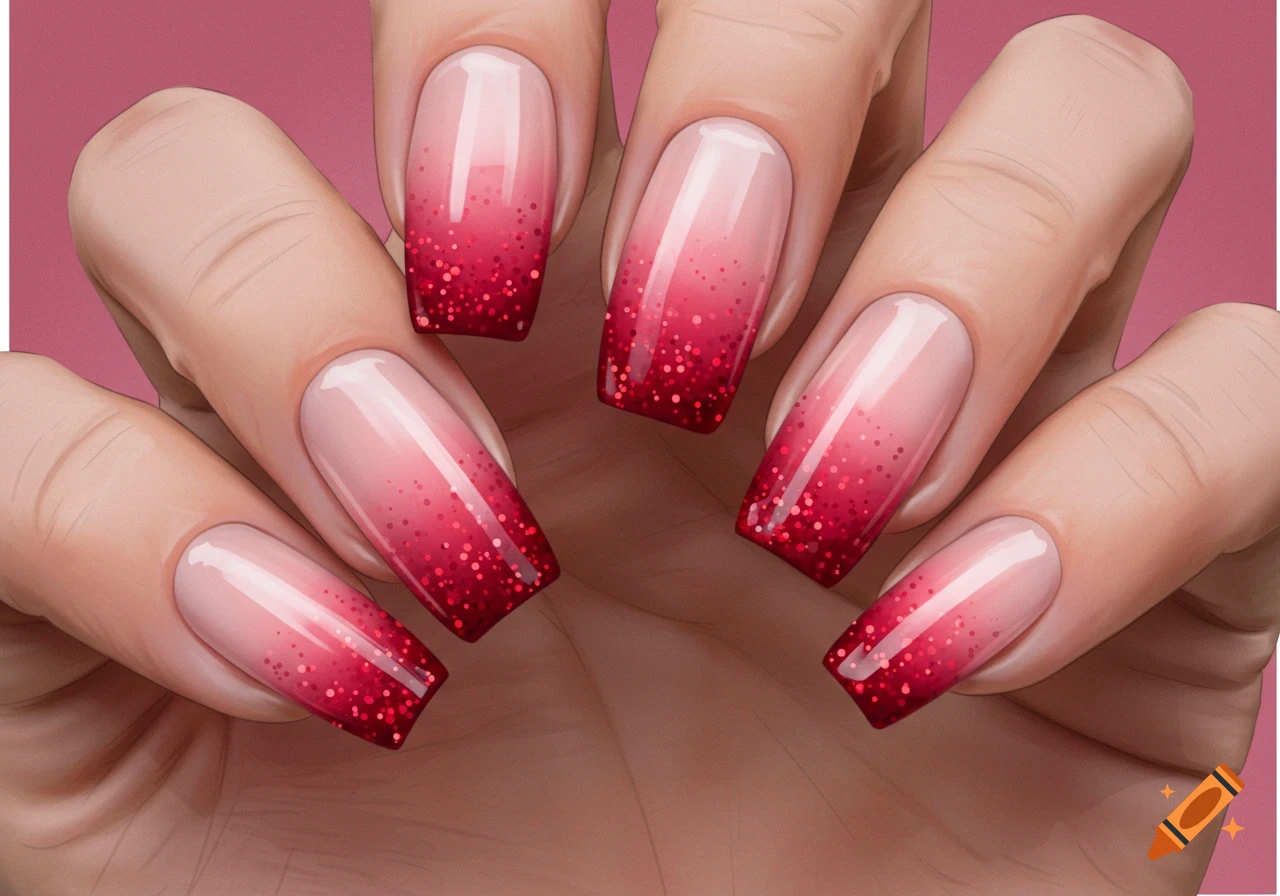 A close-up illustration of nails painted with a pink to red French fade gradient and red glitter tips.