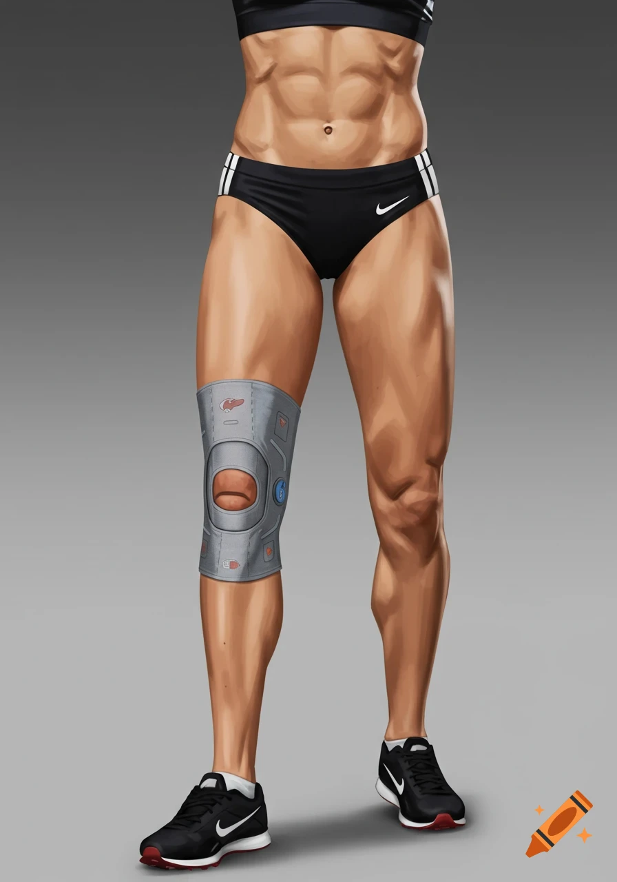 Close-up illustration of a muscular female athlete wearing athletic gear and a knee brace.