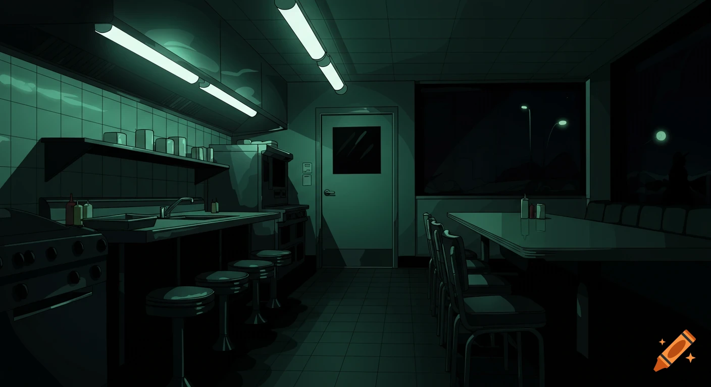 Dark, stylized interior of a lonely diner kitchen and dining area at night with fluorescent lights.