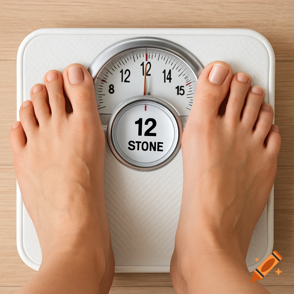 Feet on a bathroom scale showing 12 stone.