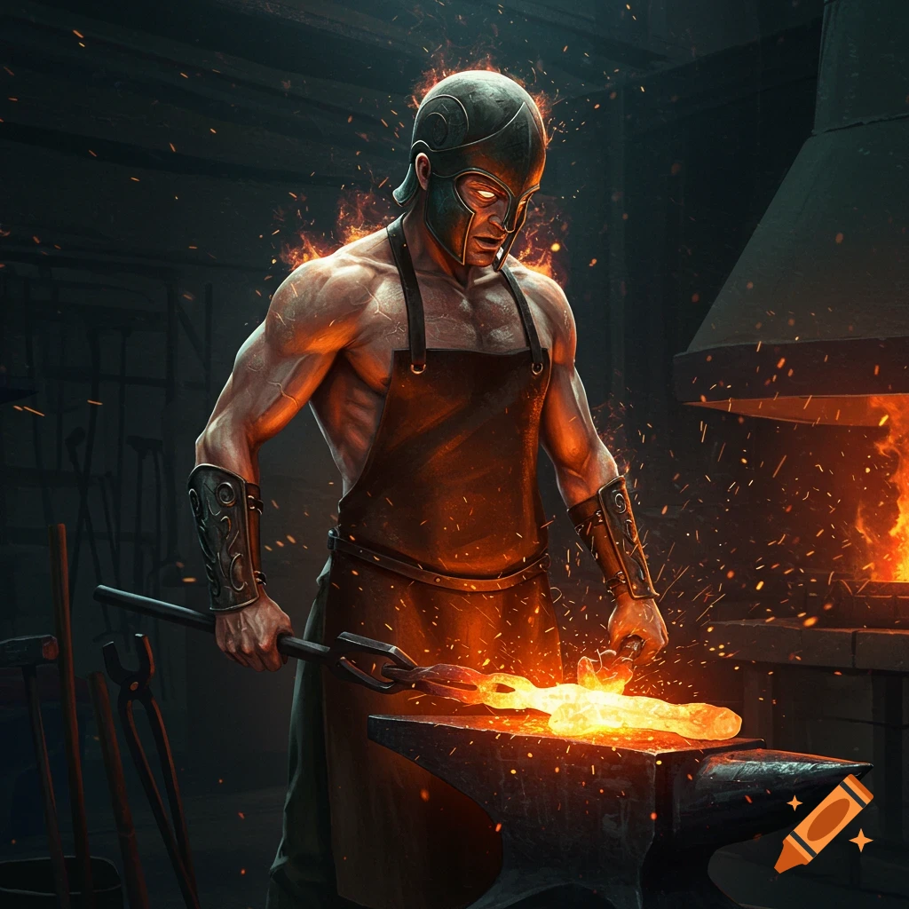 Muscular man in a helmet and apron forging glowing metal on an anvil in a workshop.