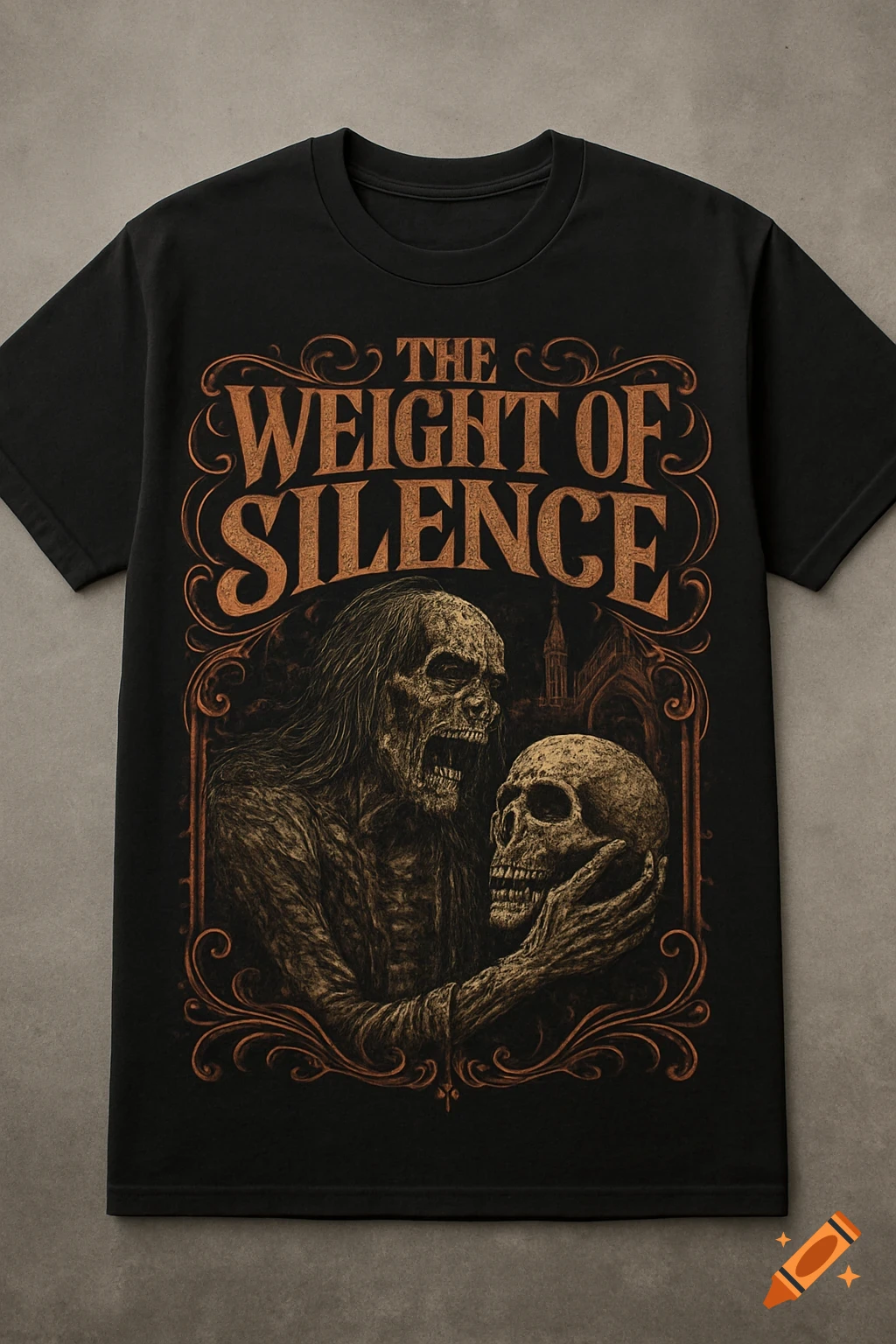 Black t-shirt with a macabre illustration of a skeletal figure holding a skull, with ornate text 'The Weight of Silence'.