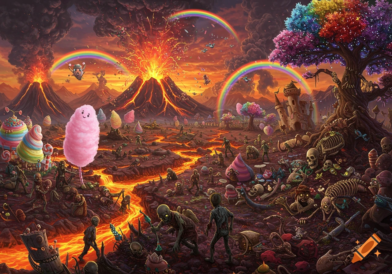 A chaotic fantasy landscape with erupting volcanoes, flowing lava, zombies, skeletons, giant candy, and multiple rainbows.