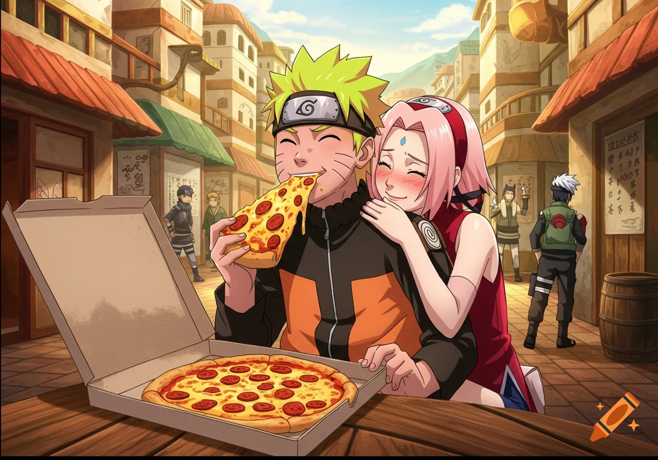 Anime image of Naruto eating pizza while Sakura hugs him in a village street.