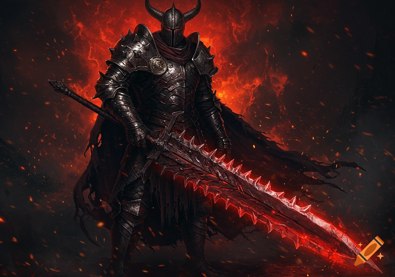 A dark knight in ornate black armor with horns stands in a fiery background, holding a large glowing red sword.