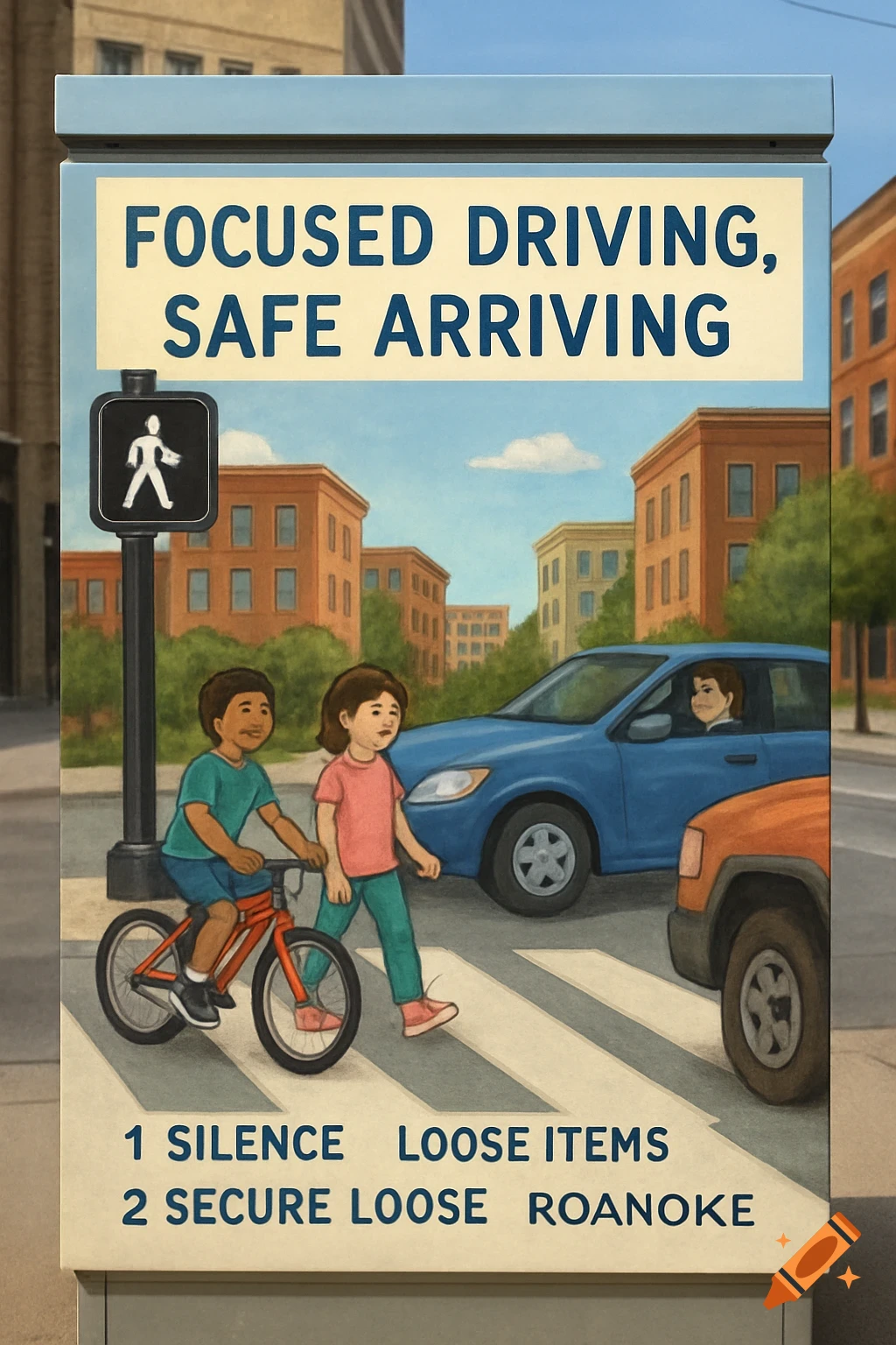 Cartoon illustration on a sign: children at a crosswalk with cars, text reads 'FOCUSED DRIVING, SAFE ARRIVING'