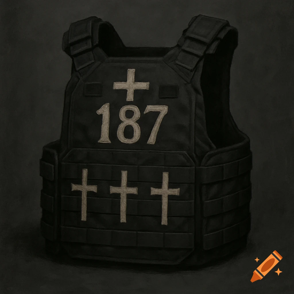 A black plate carrier with '187' and crosses on it, digital painting style