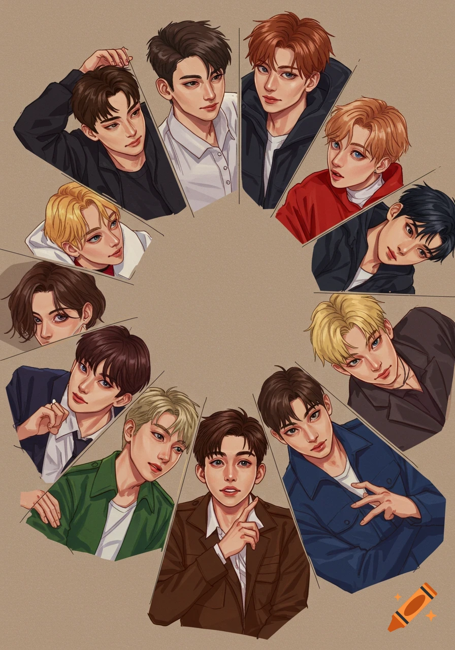 Stylized illustration of young men in a circular group formation.