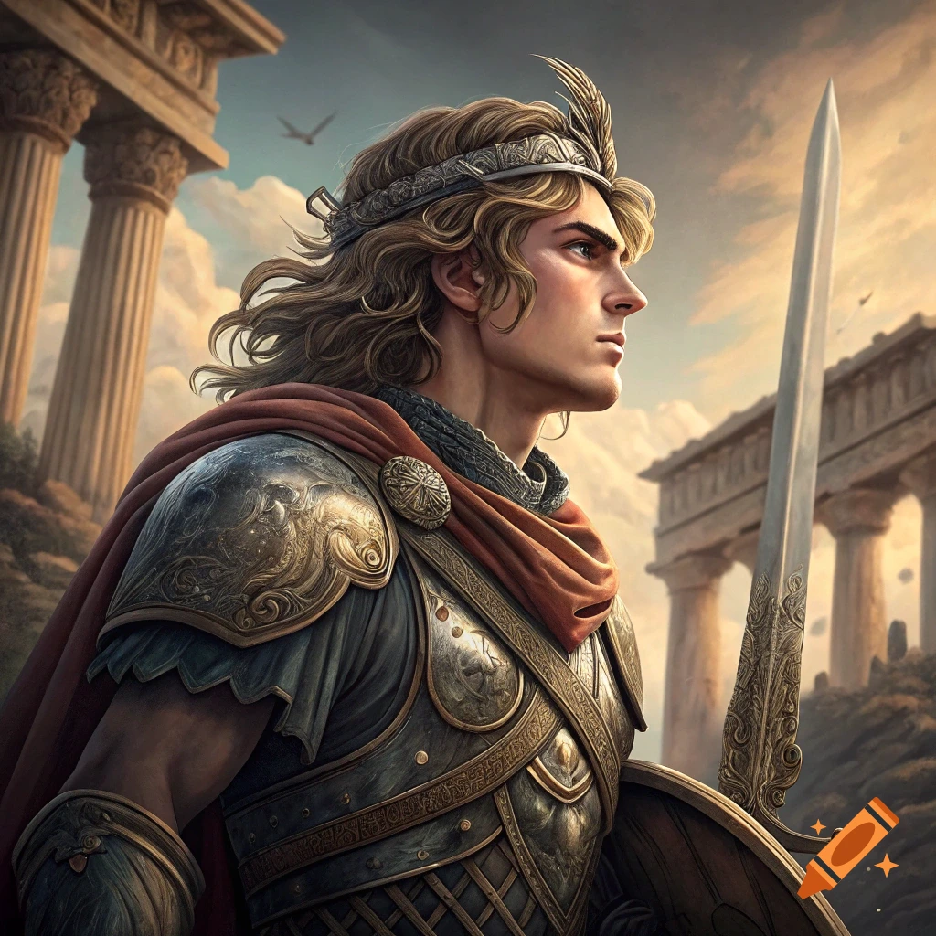 Portrait of a warrior in ornate ancient armor holding a sword and shield, standing near classical ruins.