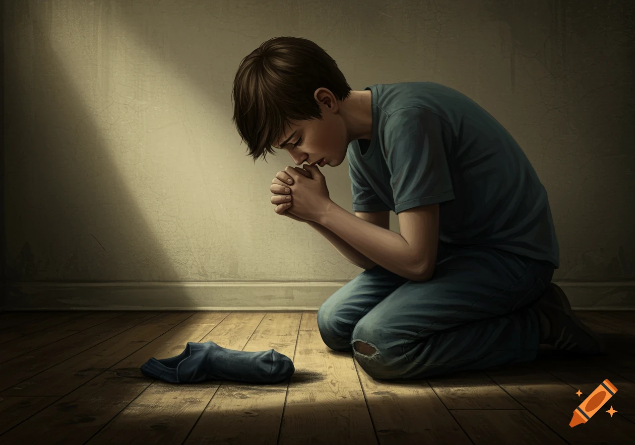 A boy kneels and prays over a single sock on a wooden floor, lit by a beam of light.