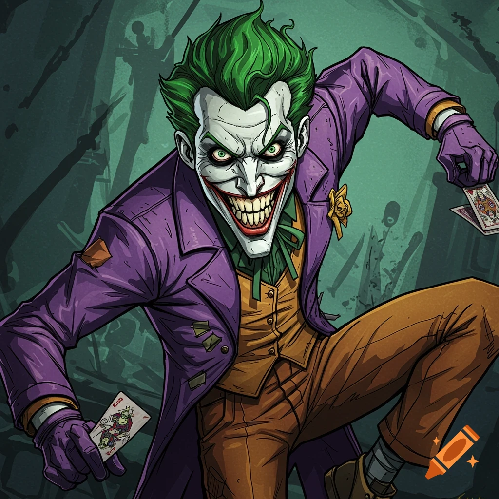 Stylized comic art of the Joker lunging forward and holding playing cards.