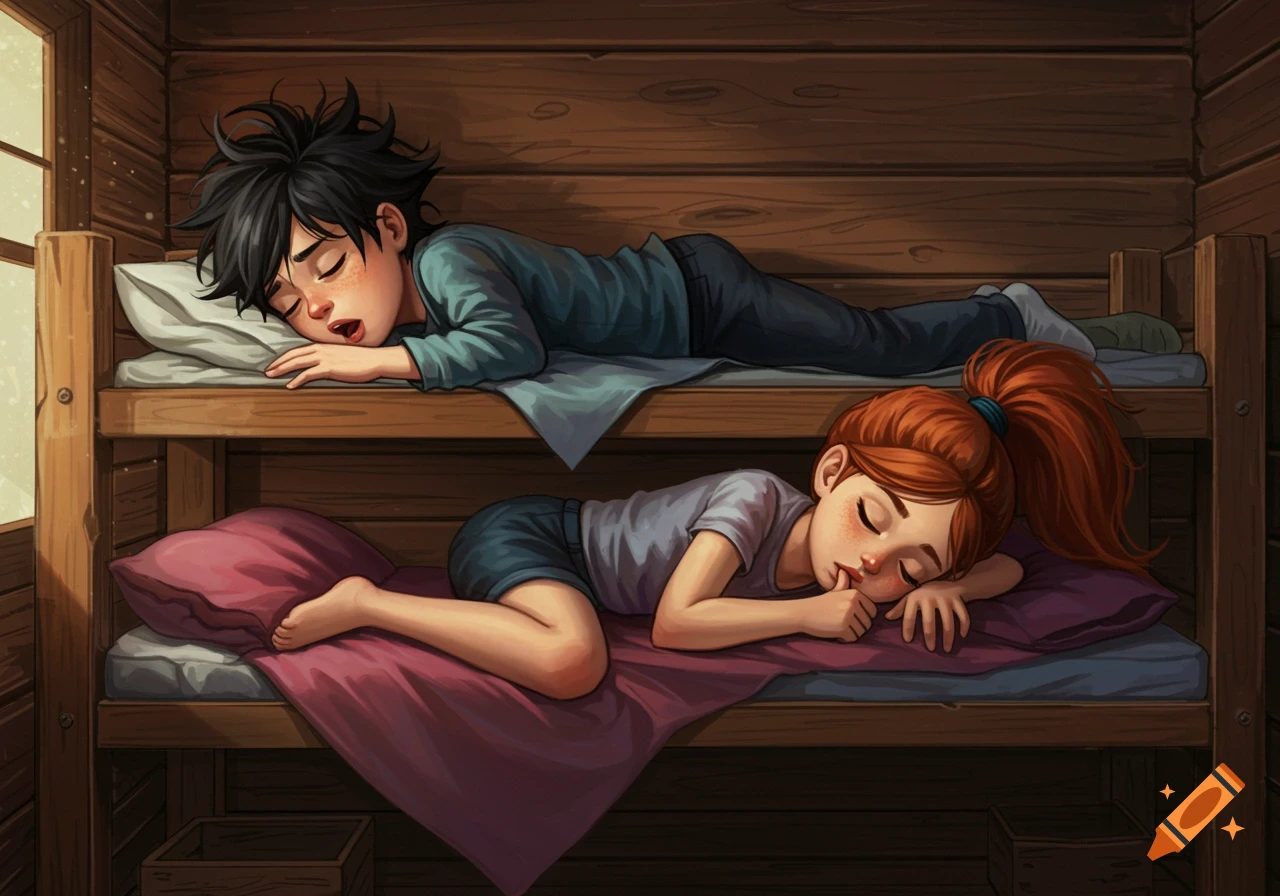 Illustration of a boy and girl sleeping in bunk beds in a cabin.