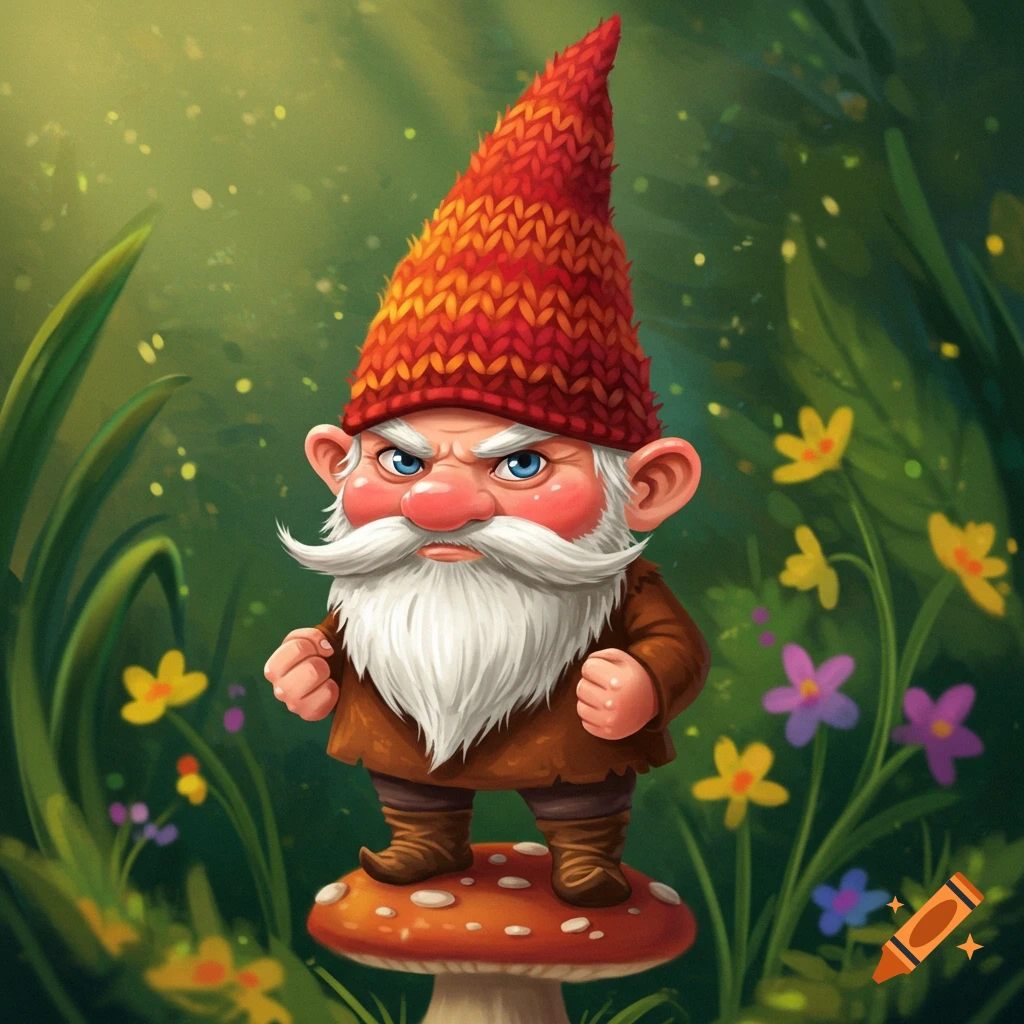 A cartoon-like illustration of an annoyed gnome with a red hat standing on a mushroom in a garden.
