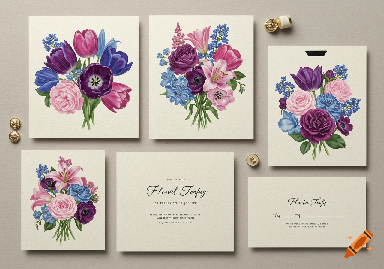 Flat lay of floral stationery including cards and envelopes with arrangements of pink, purple, and blue flowers, next to buttons and a wax seal.