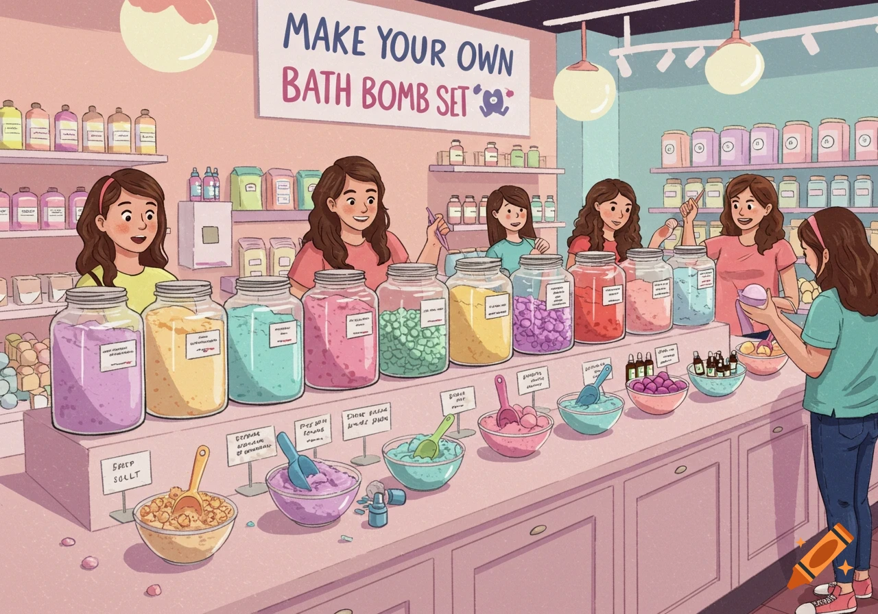 Illustration of people making bath bombs at a station in a store, with colorful jars of ingredients and tools.