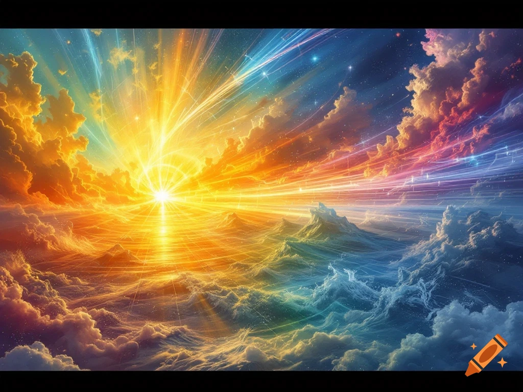 Vibrant abstract spectrum with swirling orange and blue clouds, light beams, and waves.