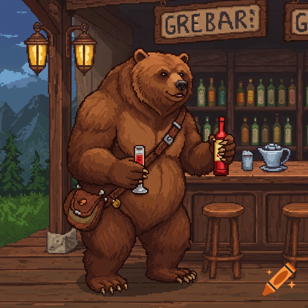 Pixel art bear character standing at a bar holding a drink and bottle.