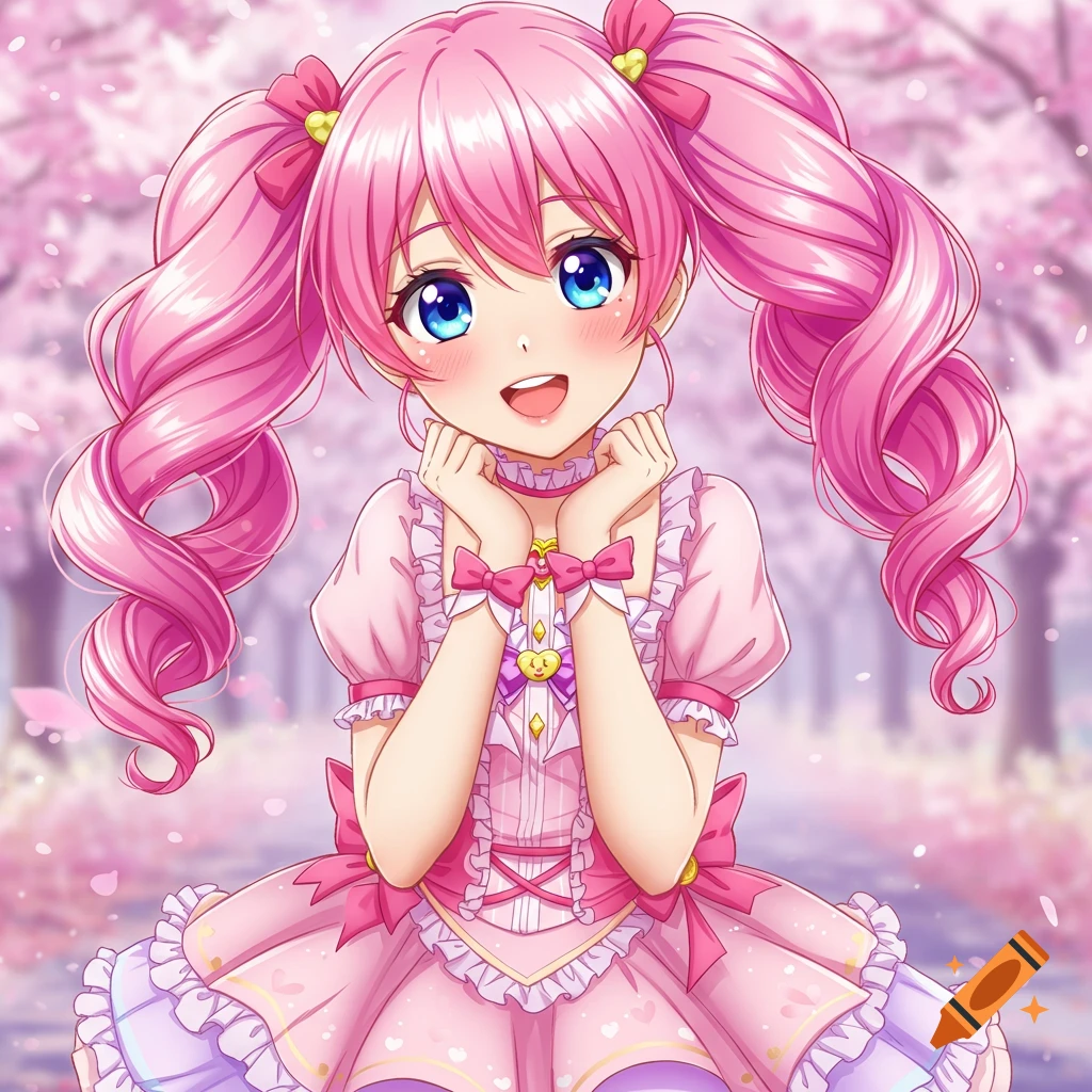 An anime girl with pink hair in pigtails, wearing a pink dress, stands among cherry blossoms.