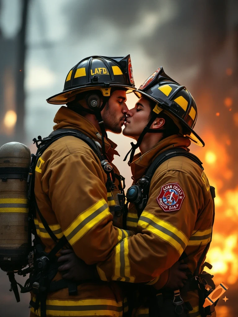 Two firefighters in LAFD gear kiss passionately amidst smoke and fire.
