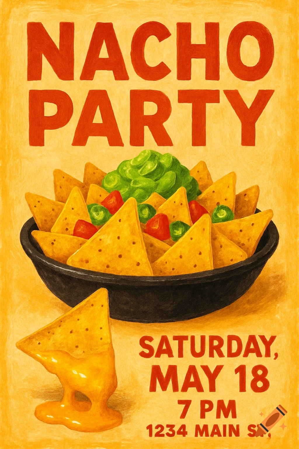Nacho party flyer drawing with bowl of nachos, guacamole, and chip dipped in cheese, showing event details.
