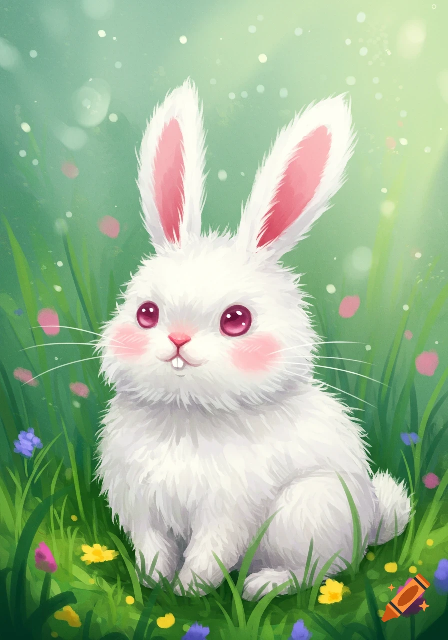 Cute white rabbit with pink ears and eyes sits in green grass with small colorful flowers, illustration