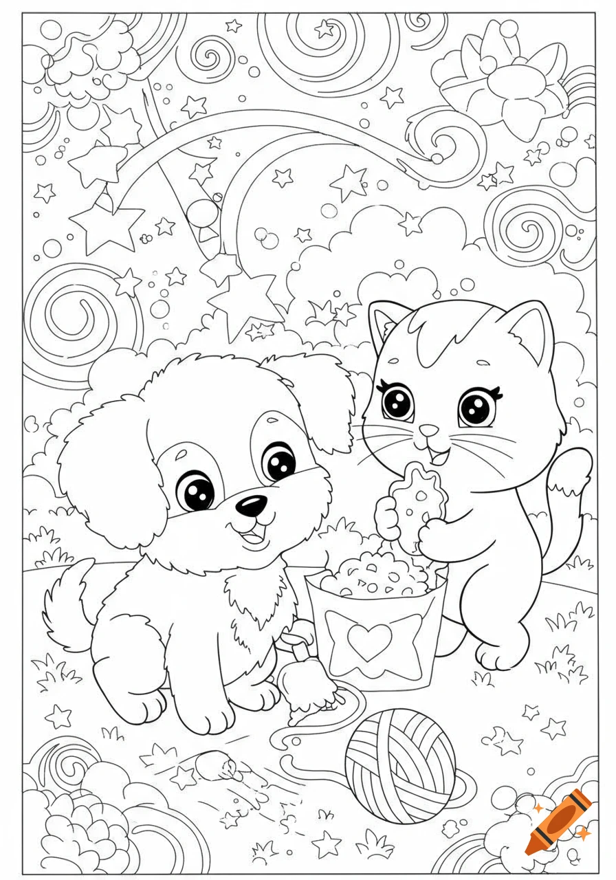A black and white coloring page of a cartoon dog and cat eating popcorn.