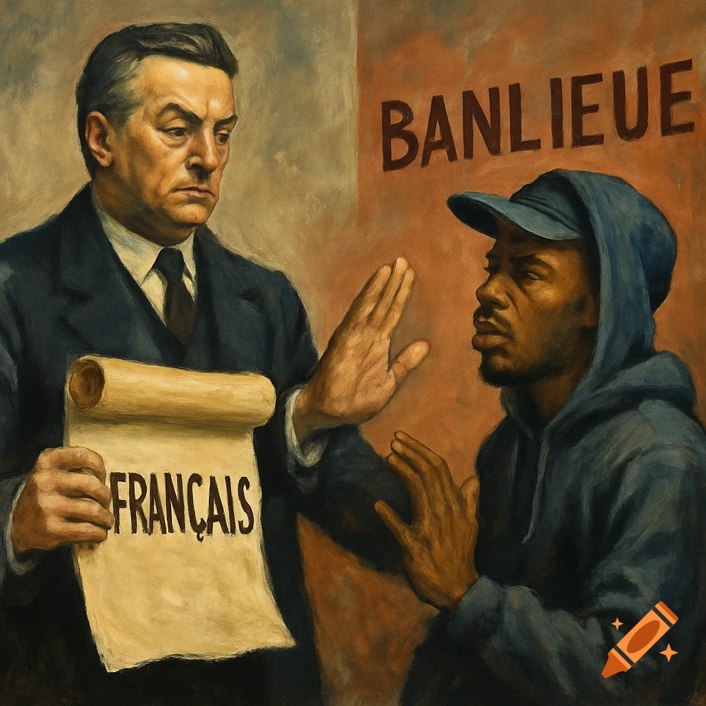 Painting of a man in a suit holding a scroll with FRANÇAIS while another man pushes back against him, with BANLIEUE on the wall.