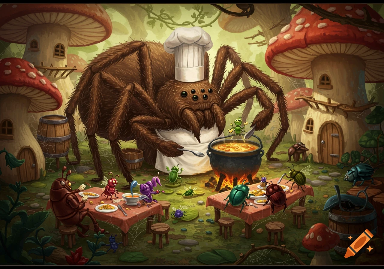 Cartoon illustration of a giant spider chef stirring soup in a mushroom forest while various bugs eat at small tables.