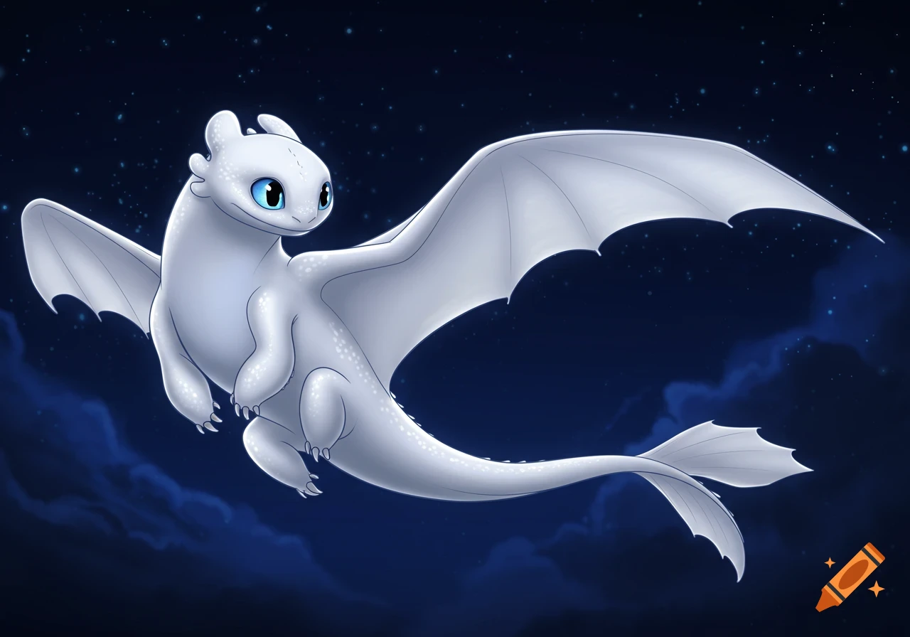 A white animated dragon with blue eyes flies in a starry night sky.