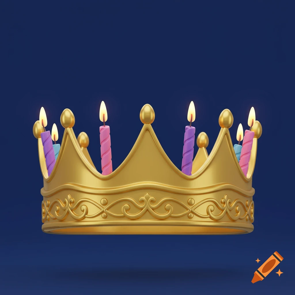 A golden crown with lit birthday candles on a dark blue background