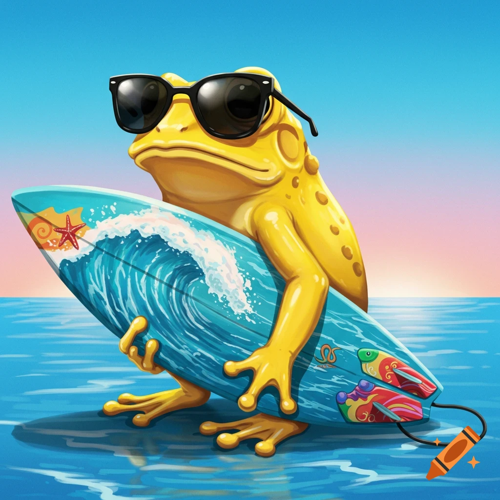 A cartoon yellow frog wearing sunglasses stands in water holding a surfboard.