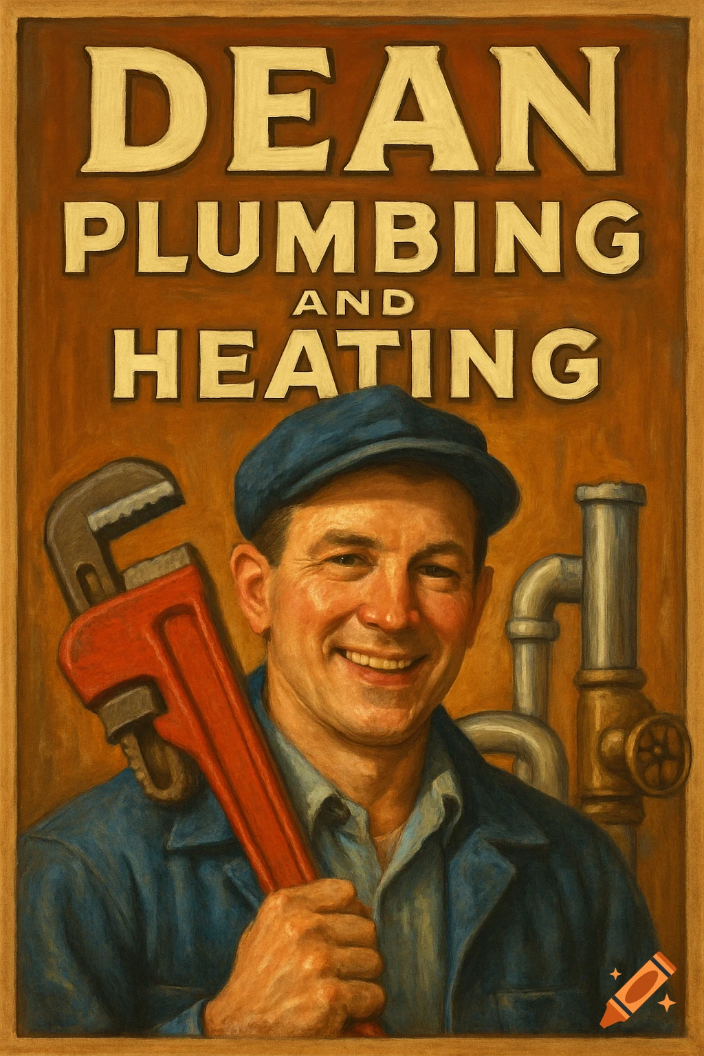 Vintage poster of a smiling plumber holding a wrench, with text "DEAN PLUMBING AND HEATING".