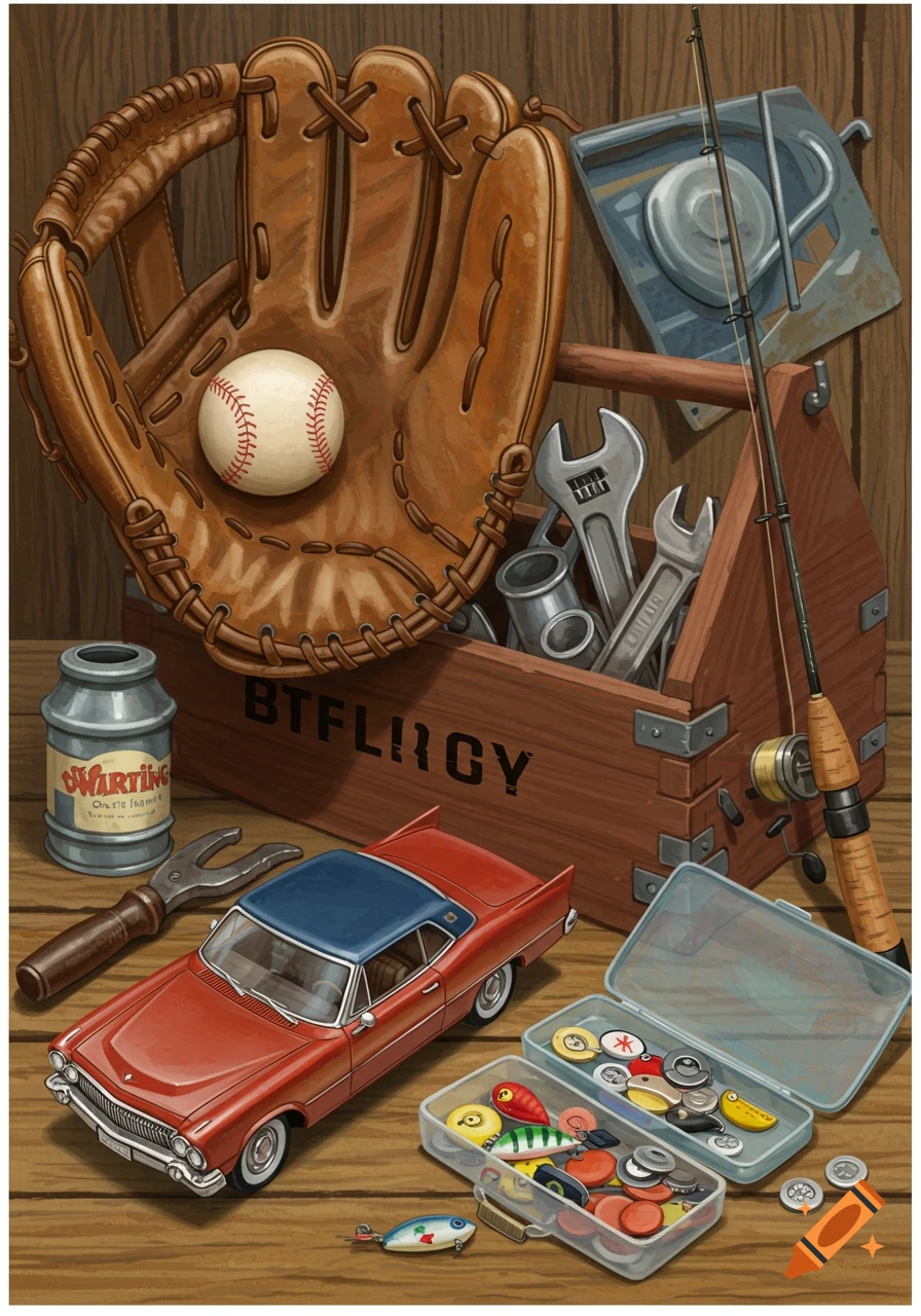 Still life illustration of a baseball glove, toolbox, car, fishing rod, and lures