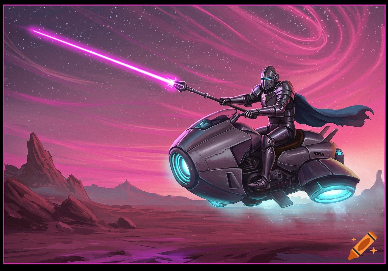 Armored space knight rides a hoverbike with a glowing lance through a surreal pink cosmic landscape.